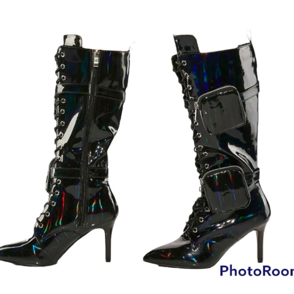 D-K BLACK HOLOGRAPHIC HEELED BOOTS BNIB